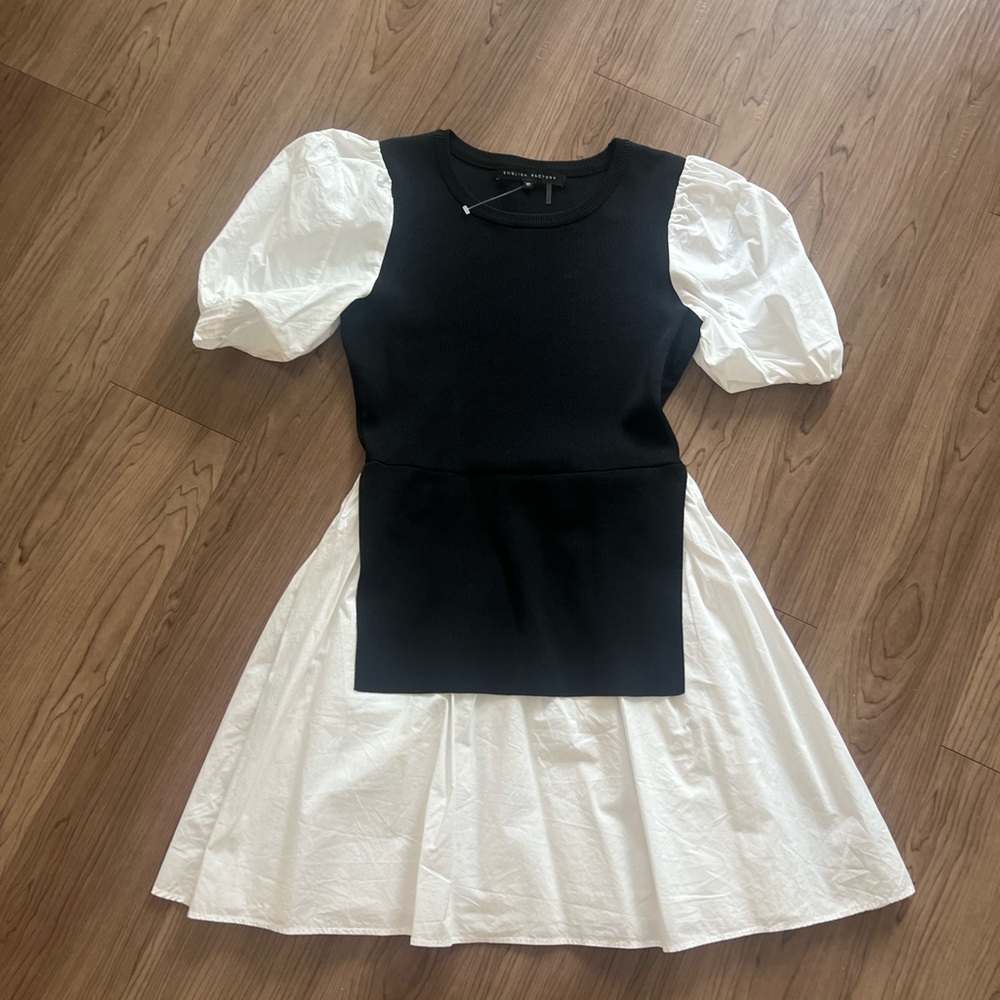 Mixed Media Puff Sleeve Mini Dress Black and White